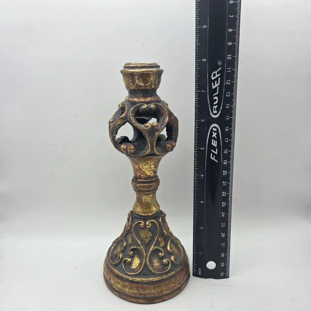 Gold Ornate Scrollwork Resin Candlestick Holder 8 Inch Gothic Antique Decor